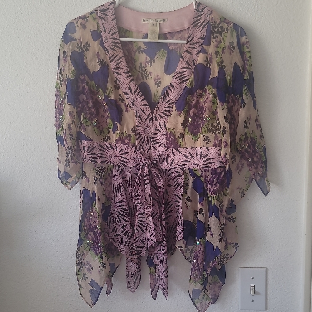 Nanette Lepore Asymmetrical Tie Front Floral Blouse 💜